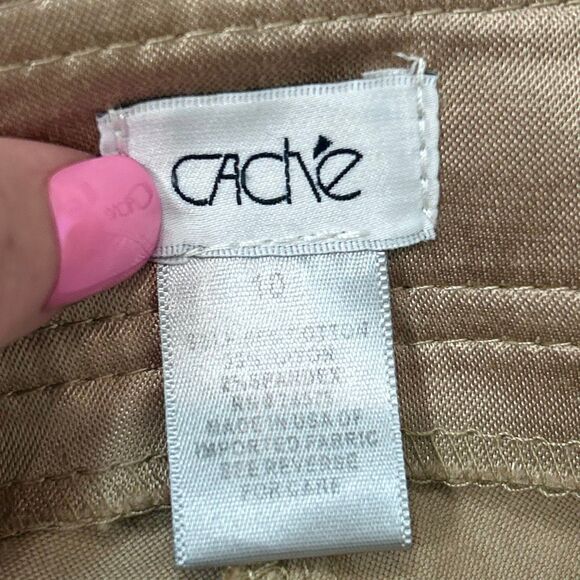 Cache Gold Dress Pants Womens 10 Beige Flare Leg Stretch Cotton Trouser Shiny - Picture 9 of 15